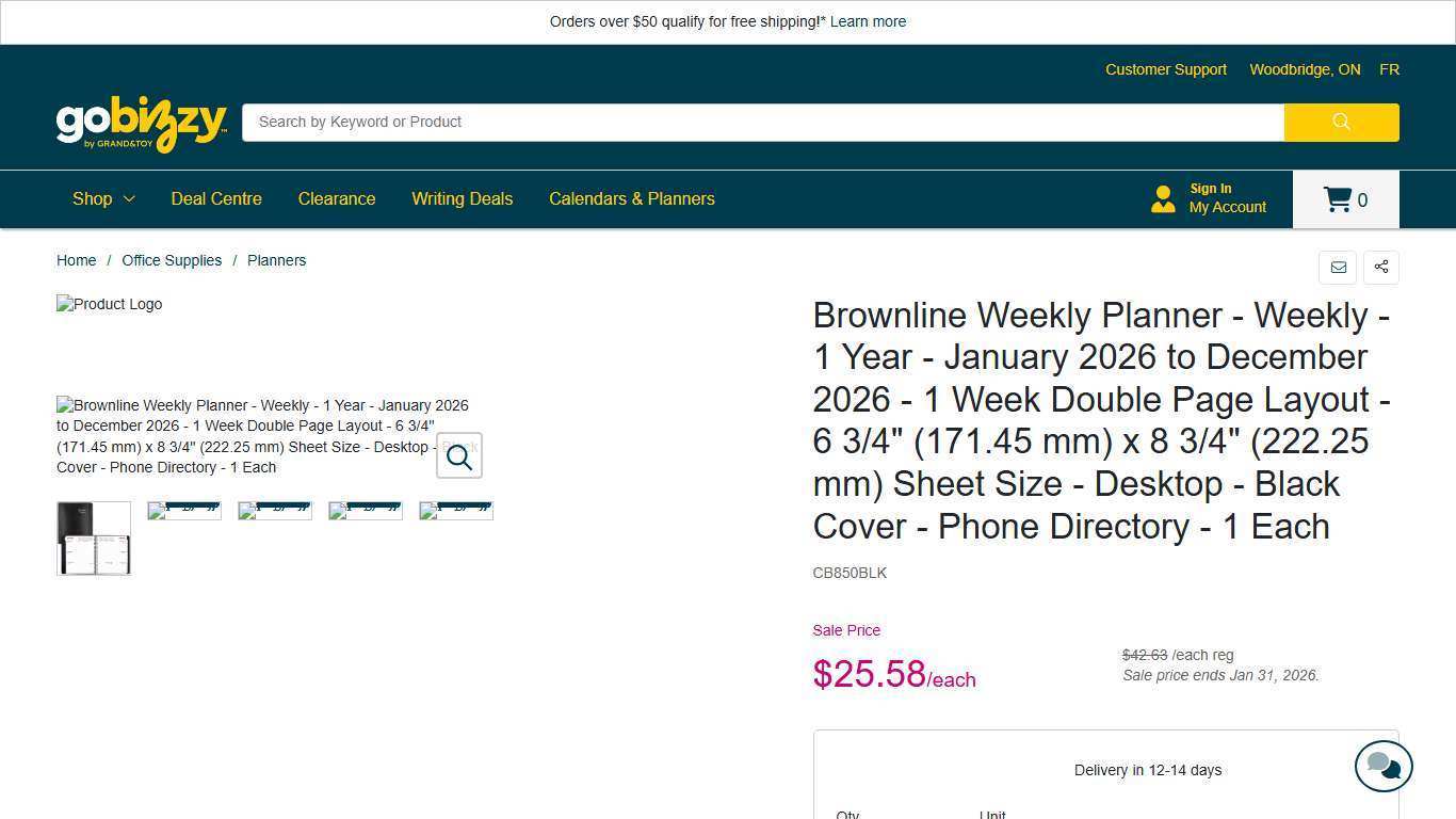 Brownline Weekly Planner - Weekly - 1 Year - January 2026 to December 2026 - 1 Week Double Page Layout - 6 3/4" (171.45 mm) x 8 3/4" (222.25 mm) Sheet Size - Desktop - Black Cover - Phone Directory - 1 Each | Grand & Toy