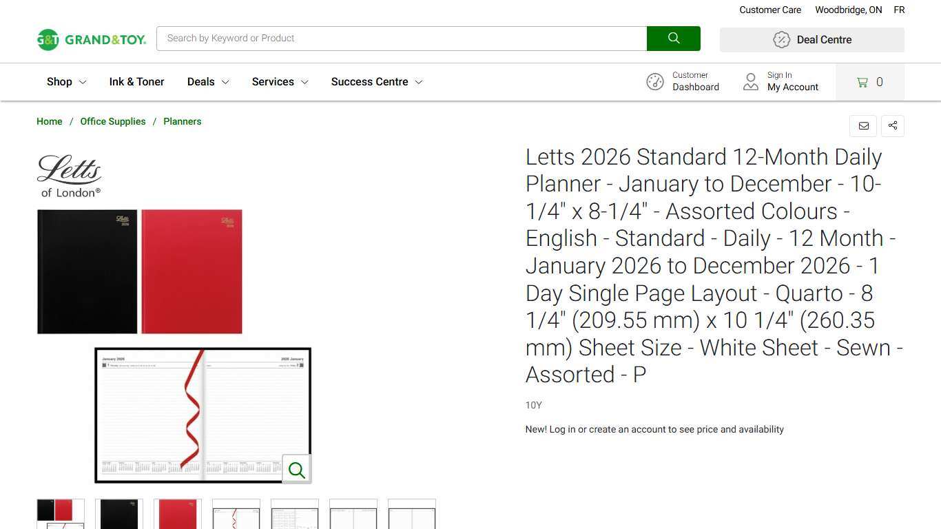 Letts 2026 Standard 12-Month Daily Planner - January to December - 10-1/4" x 8-1/4" - Assorted Colours - English - Standard - Daily - 12 Month - January 2026 to December 2026 - 1 Day Single Page Layout - Quarto - 8 1/4" (209.55 mm) x 10 1/4" (260.35 mm) Sheet Size - White Sheet - Sewn - Assorted - P | Grand & Toy